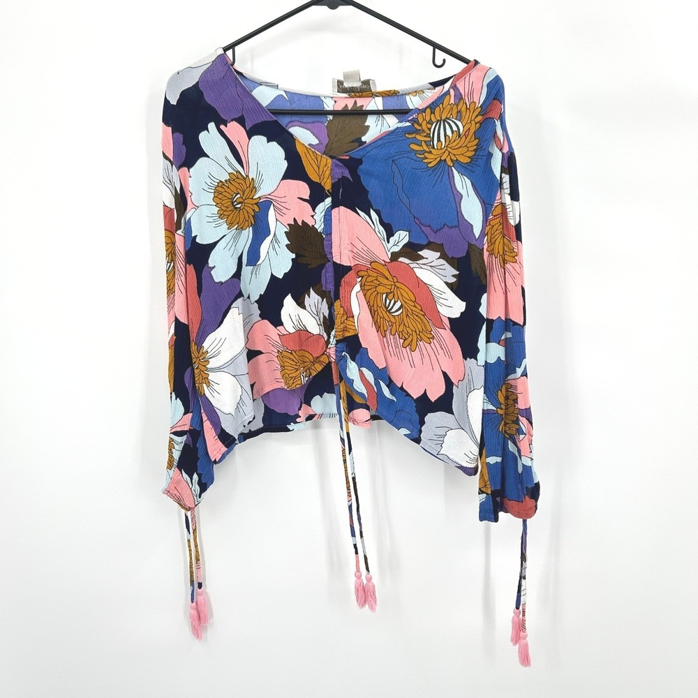 Floral Cropped Drawstring Ruched‎ Blouse XL Long Sleeve Boho Romantic Indie Y2K